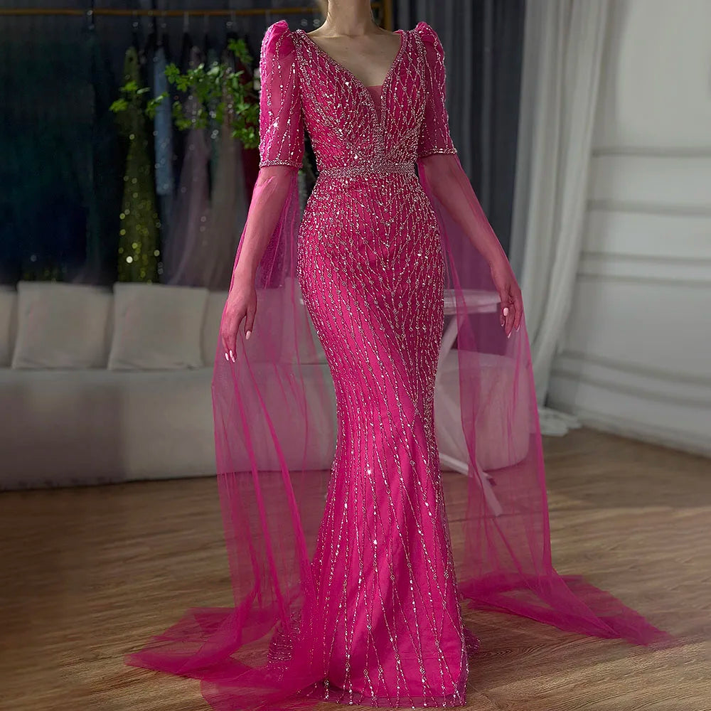 Serene Hill 2024 Saudi Arabia Elegant Fuchsia Mermaid Cape Sleeve Luxury Beaded Evening Gown for Formal Occasion LA72774 Designer unclassified dresses