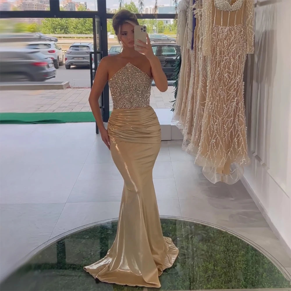 Serene Hill 2024 Saudi Arabic Gold Elegant Strapless Evening Gown Crystal Beaded Dress for Formal Occasion LA72759 Boho unclassified dresses