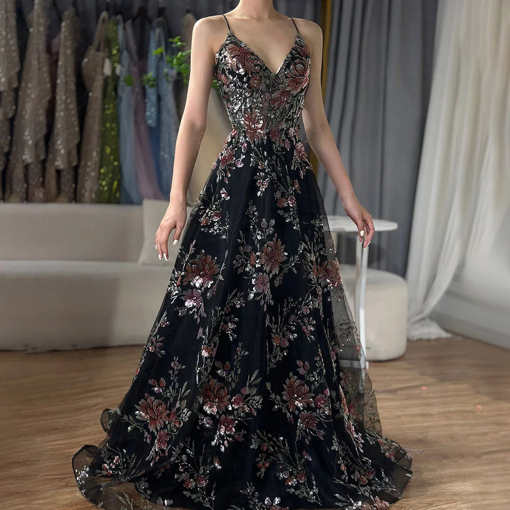 Serene Hill 2024 Spaghetti Strap A-Line Black Beaded Luxury Prom Dress for Formal Occasion Saudi Arabic LA72773 High-low unclassified dresses