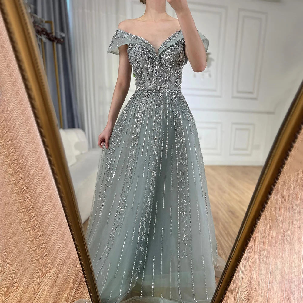 Serene Hill 2024 Saudi Arabic Gray Beaded Design A-Line Evening Dresses Gowns for Formal Occasion LA72731 Embroidered unclassified dresses