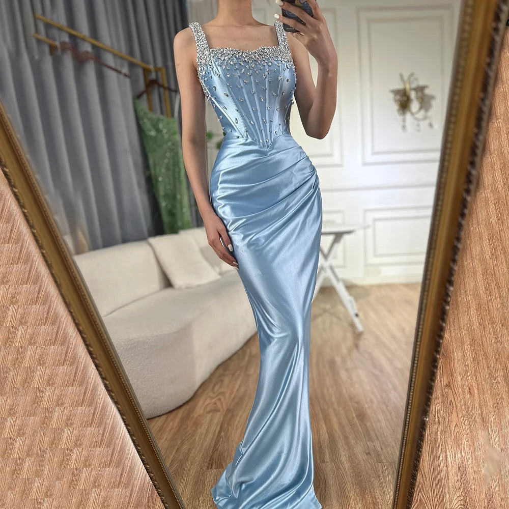 Serene Hill 2024 Saudi Blue Crystal Beaded Spaghetti Strap Mermaid Evening Dress Gown with Split for Formal Occasion LA72739 Club unclassified dresses