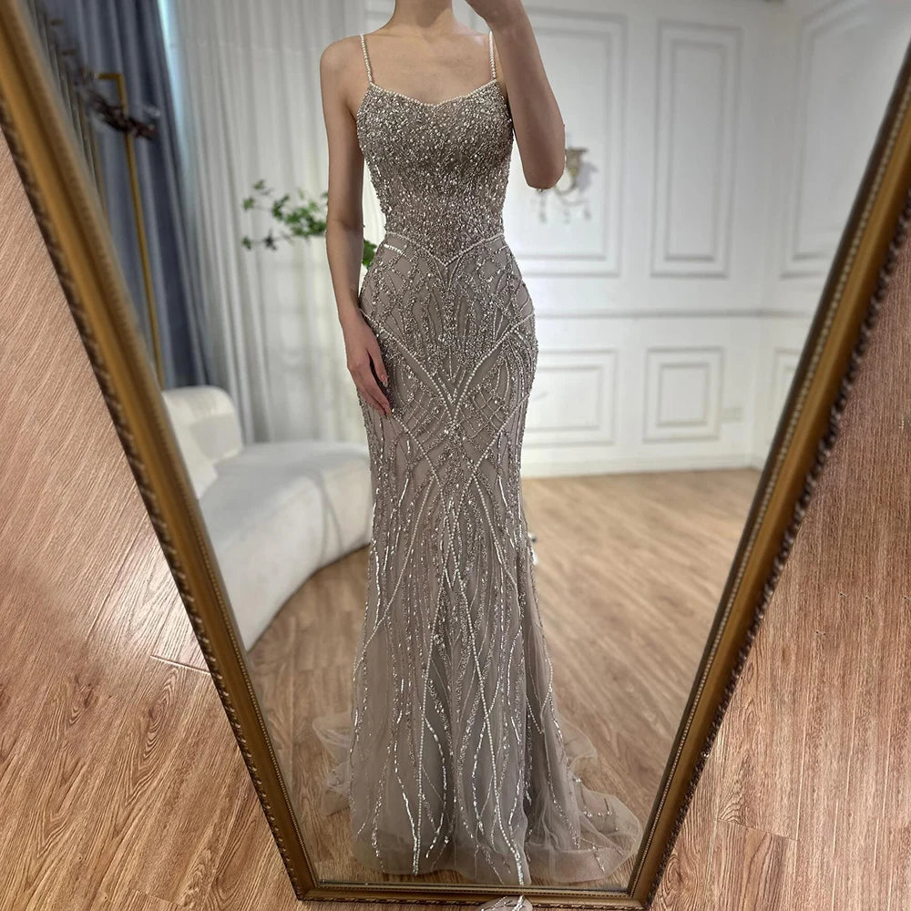 Serene Hill 2024 Saudi Caramel Beaded Spaghetti Strap Arabic Mermaid Evening Dress Gown for Formal Occasion LA72733 Vacation unclassified dresses