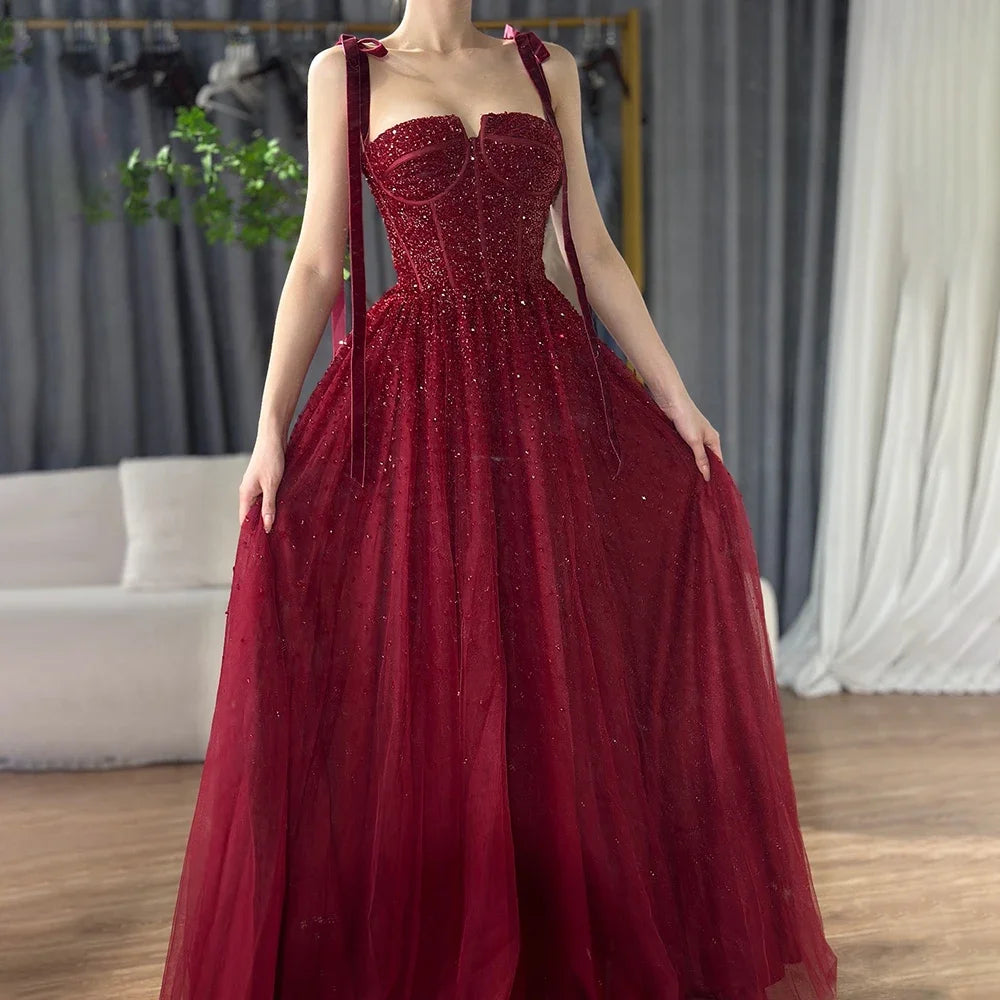 Serene Hill 2024 Saudi Wine Red Beaded Evening Gown Spaghetti Strap A-Line Luxury Floor-Length for Formal Occasion LA70600A Affordable unclassified dresses