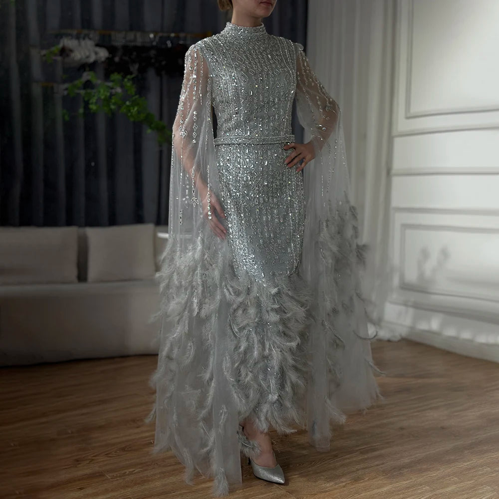 Serene Hill 2024 Silver Gray Mermaid Cape Sleeves Feathers Beaded Ankle Length Evening Dresses Gowns for Formal Occasion LA72747 Y2K unclassified dresses