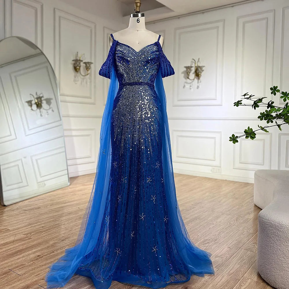 Serene Hill 2024 Spaghetti Strap Blue Mermaid Beaded Luxury Evening Dress with Cape Sleeves for Formal Occasion Saudi LA72707 Petite unclassified dresses