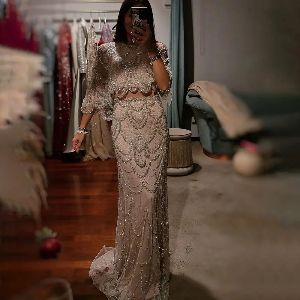 Serene Hill 2024 White Nude Mermaid Beaded Luxury Evening Dress with Shawl for Formal Occasion Saudi LA72462 Best-selling unclassified dresses