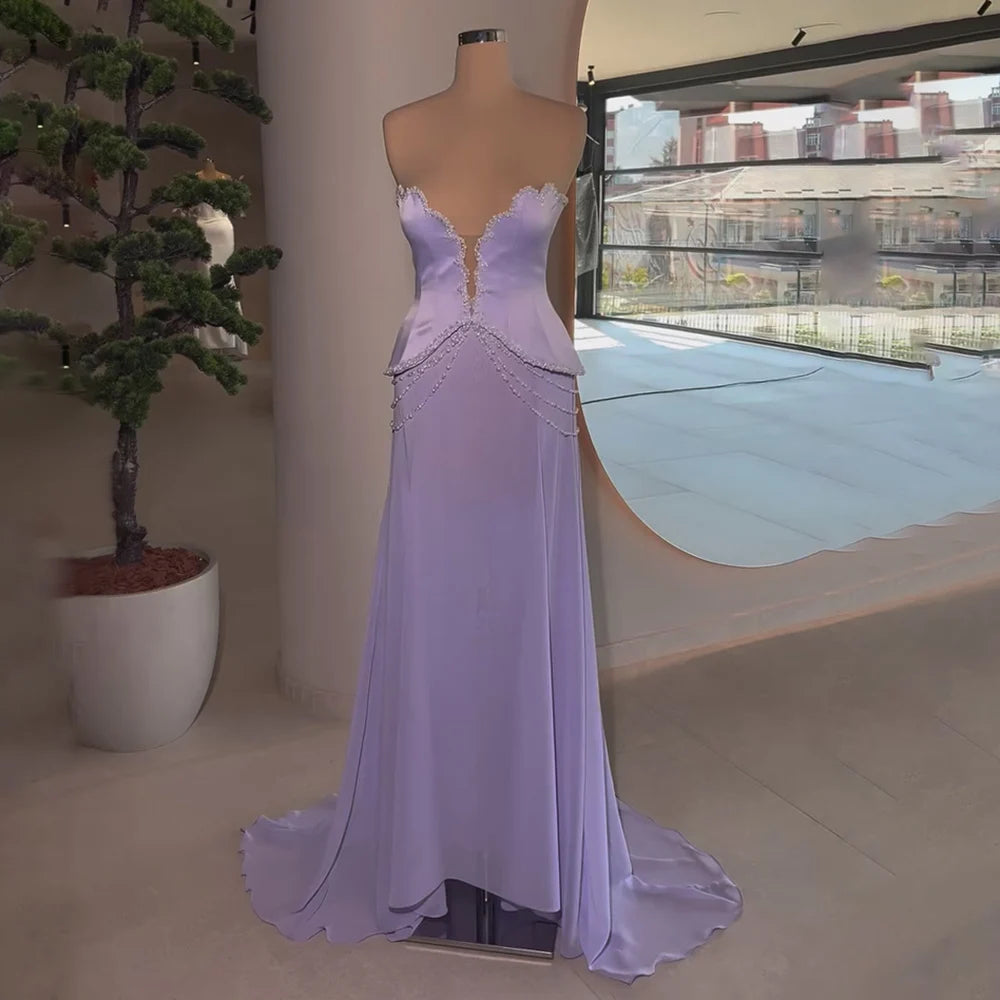 Serene Hill 2025 Customized Arabic Lilac Beaded Strapless Mermaid Satin Evening Dresses Gowns for Formal Occasion LA72808 Graduation unclassified dresses