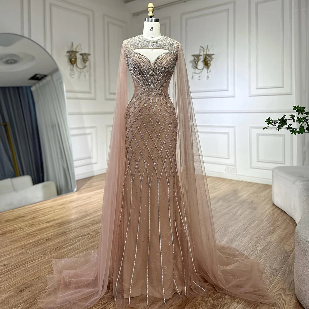 Serene Hill 2025 Customized Arabic Nude Cape Sleeves Beaded Saudi Evening Dresses Gowns for Formal Occasion LA72814 Unique unclassified dresses