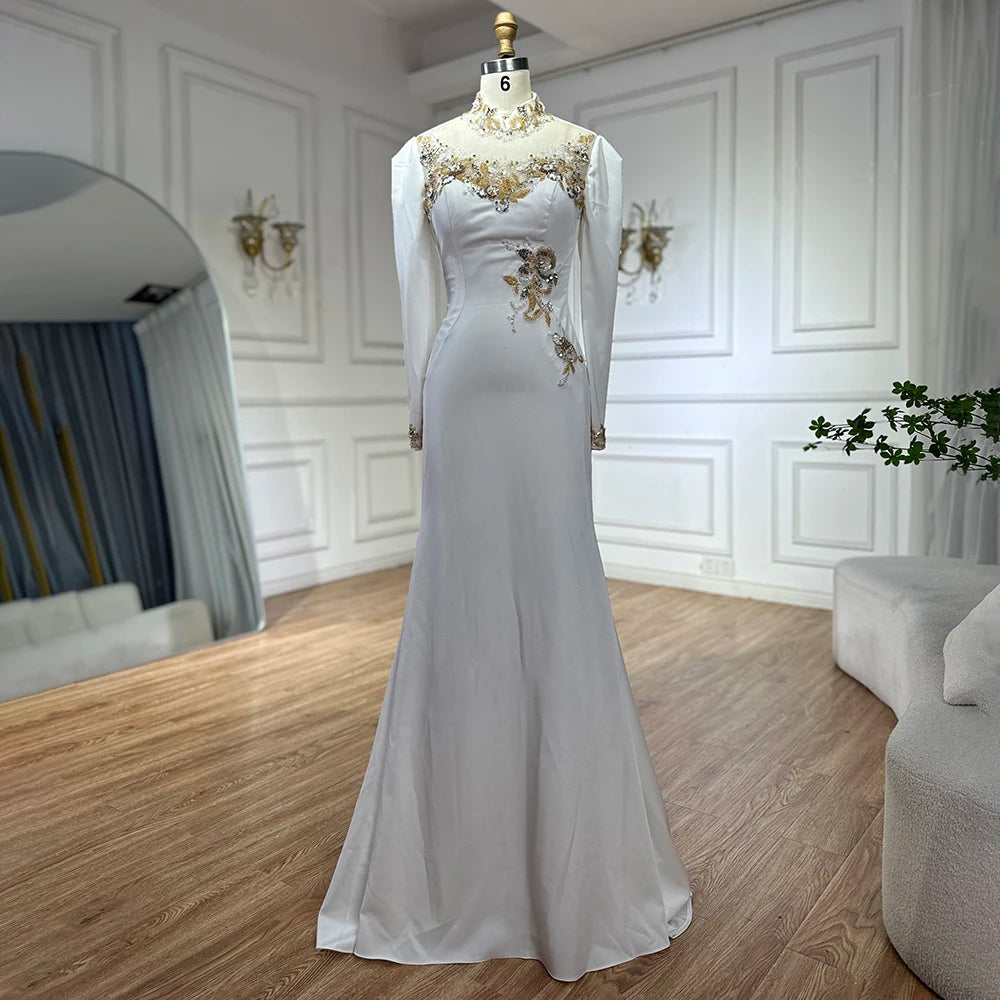 Serene Hill 2025 Customized Arabic White Beaded Satin Saudi Mermaid Evening Dresses Gowns for Formal Occasion LA72815 Everyday wear unclassified dresses