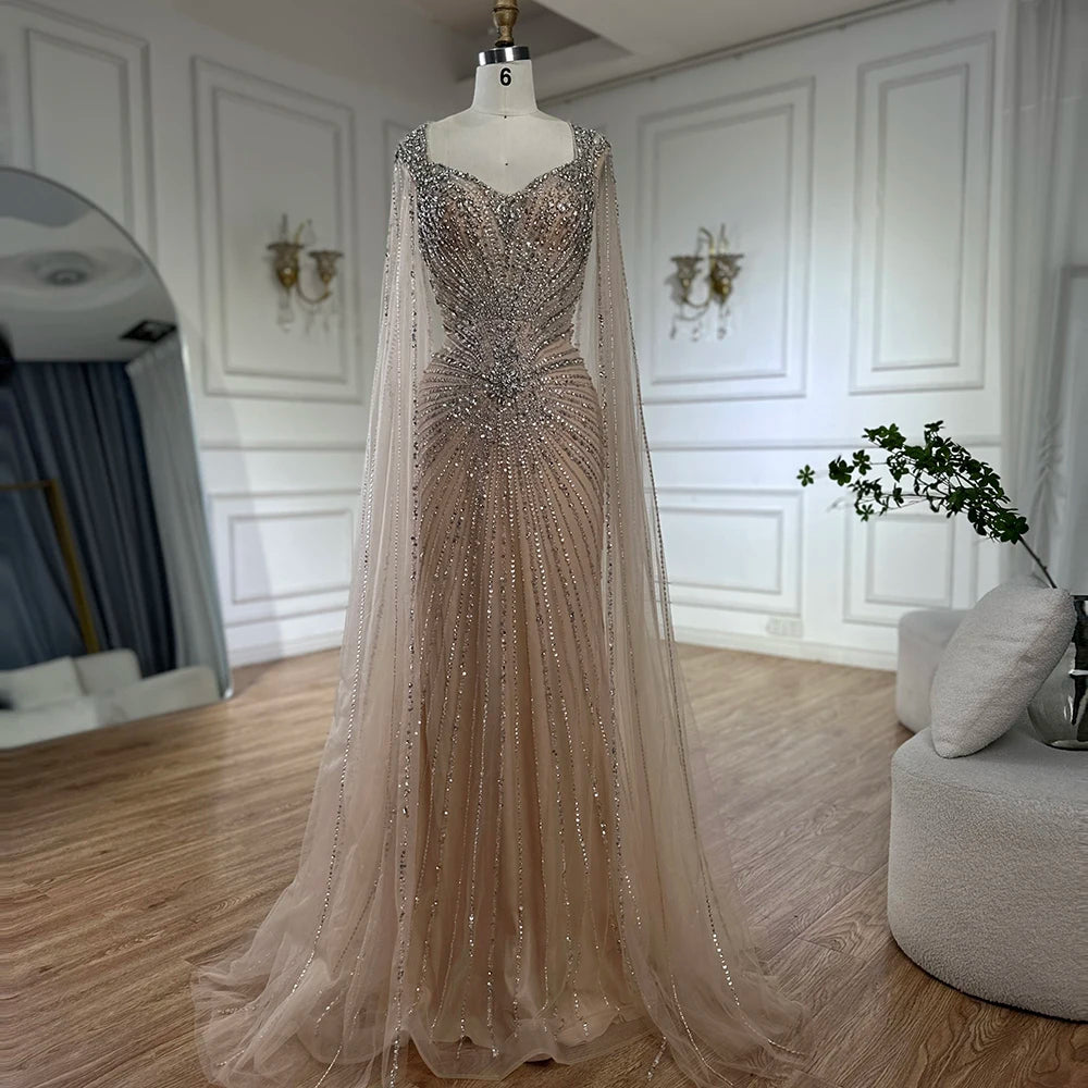 Serene Hill 2025 Customized Nude Cape Sleeves Beaded Saudi Arabic Evening Dresses Gowns for Formal Occasion LA72575A Long unclassified dresses