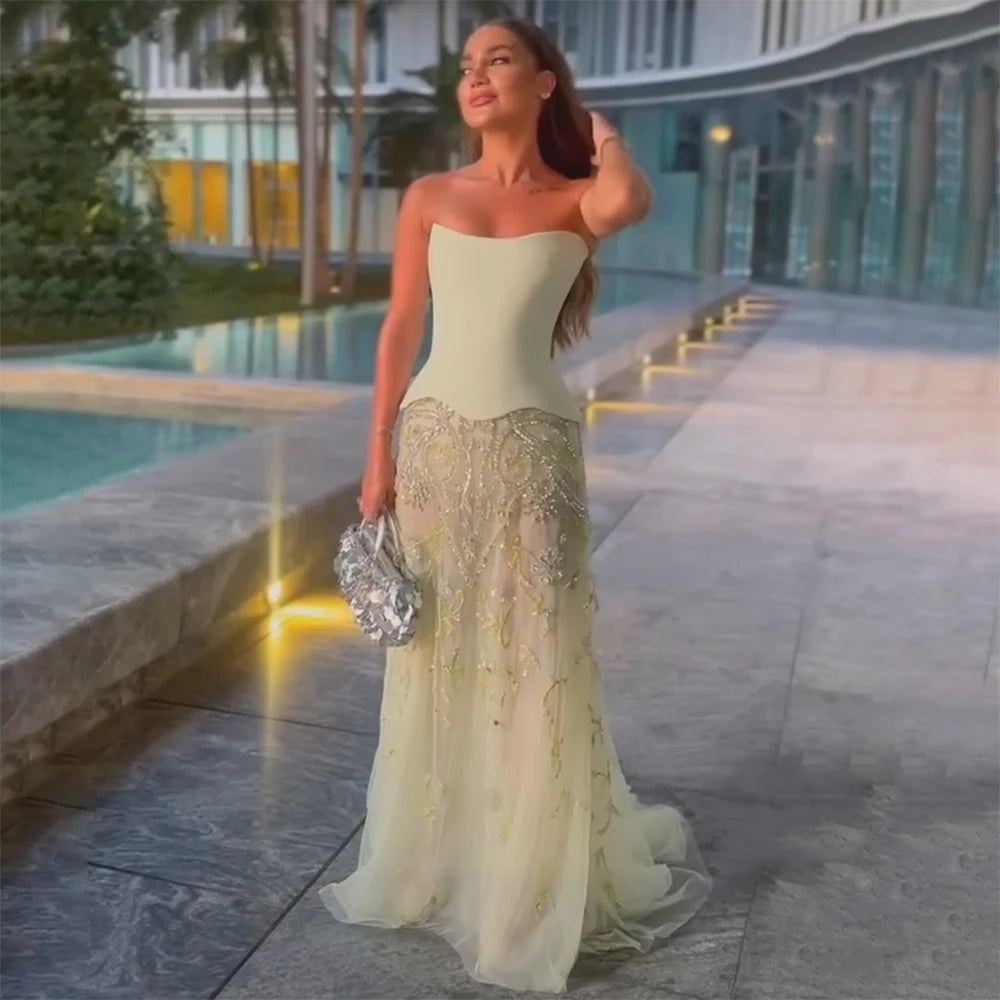 Serene Hill 2025 Customized Saudi Arabic Sage Green Elegant Strapless A Line Evening Dresses Gowns Beaded for Occasion LA72809 High-end unclassified dresses