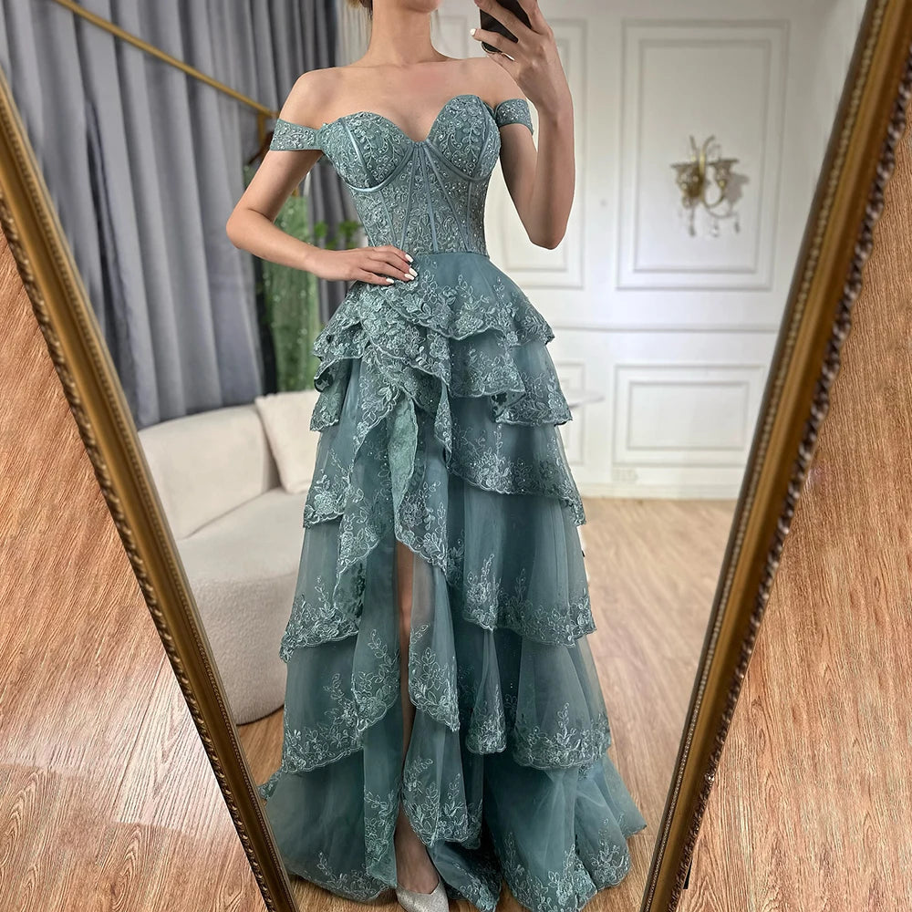 Serene Hill Arabic Turquoise Shoulder Strap Tiered Beaded Evening Gown with Front Split for Formal Occasion 2024 LA72593A Graduation unclassified dresses