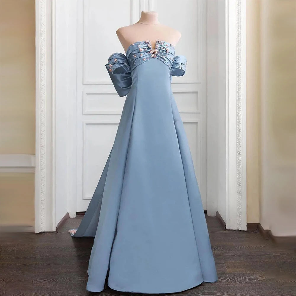 Serene Hill Customized 2024 Arabic Strapless Blue Beaded A-Line Saudi Evening Gown for Formal Occasion LA72792 Polka dot unclassified dresses