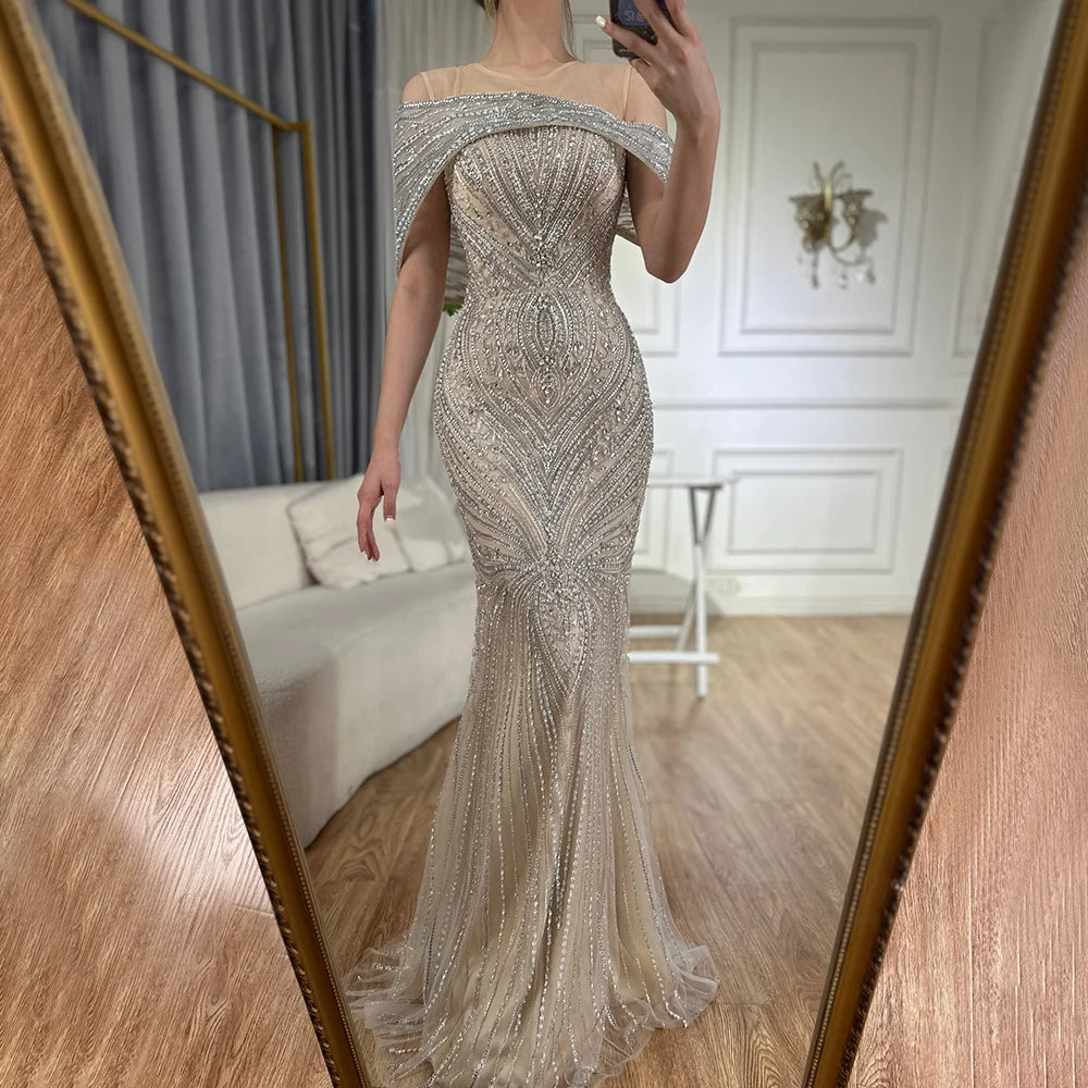 Serene Hill Customized 2025 Saudi Arabic Silver Nude Beaded Mermaid Evening Dress Gown for Formal Occasion LA72800 Corset unclassified dresses