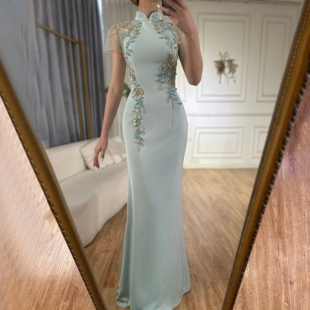 Serene Hill Customized 2025 Saudi Mint Mermaid Beaded Satin Evening Dress Gown with Corset for Formal Occasion LA72797 Ruched unclassified dresses