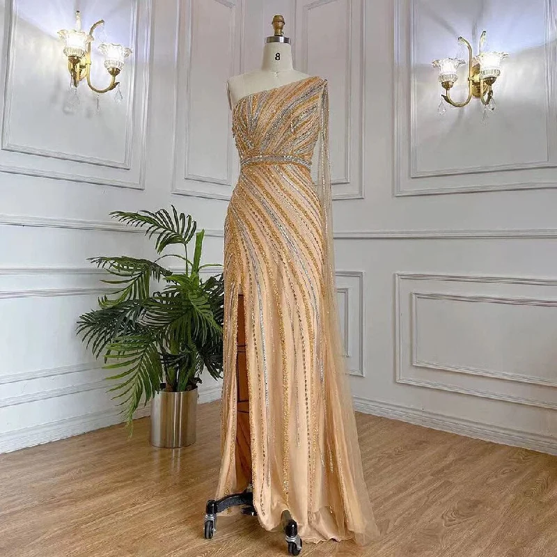 Serene Hill Gold Elegant Mermaid Sexy One Shoulder Cape Sleeve High Split Luxury Beaded Evening Dresses Gowns 2024 LA71902 Minimalist unclassified dresses