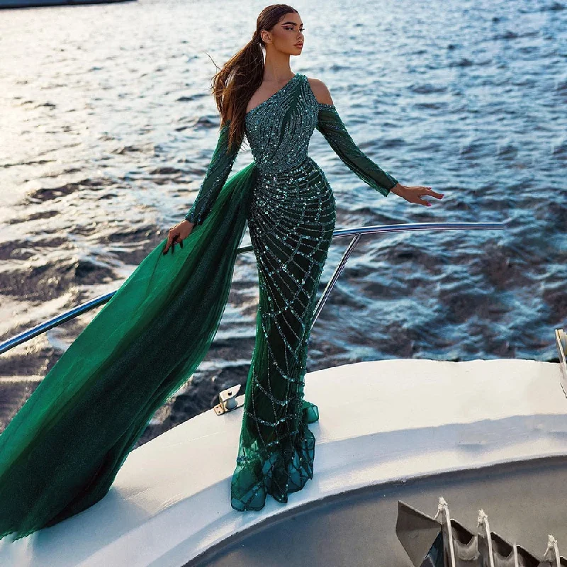 Serene Hill Green Elegant Floor Length Mermaid Sexy One Shoulder Beaded Evening Dresses Luxury Gowns For Woman 2024 LA71894 Ruched unclassified dresses