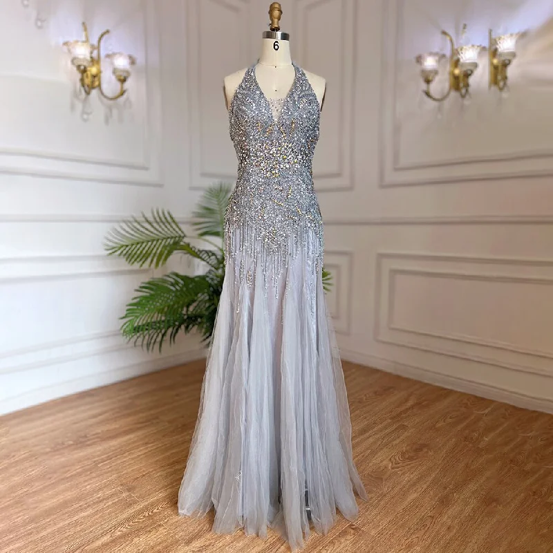 Serene Hill Grey Floor Length Mermaid Sexy Halter Crystal Tassel Beaded Arabic Evening Dresses 2024 Gowns For Woman LA6151 Monochrome unclassified dresses