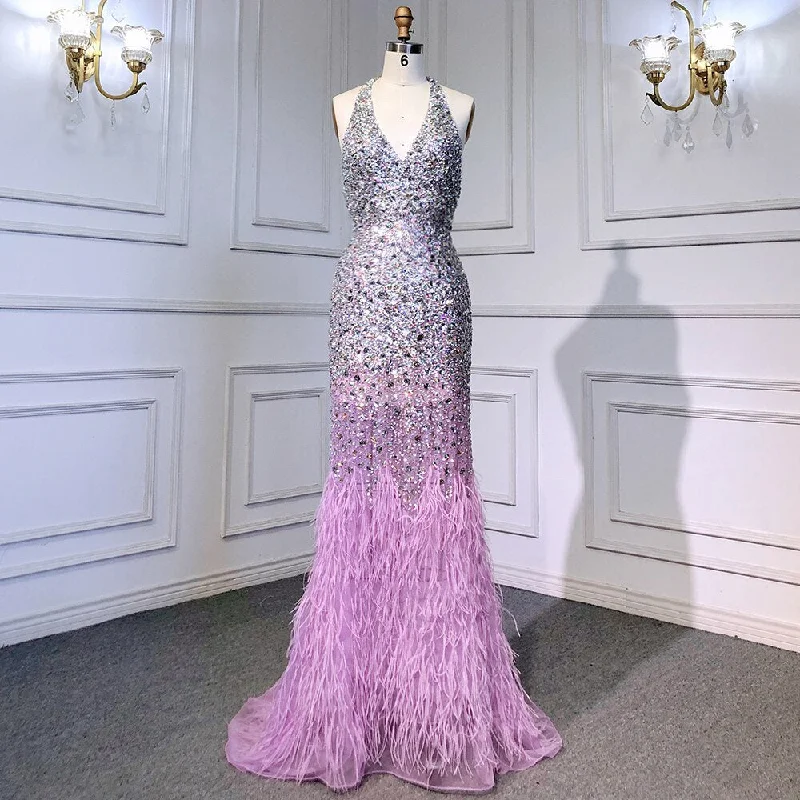 Serene Hill Purple Mermaid Elegant Sexy Spaghetti Straps Evening Dresses Gowns Luxury Feather Shiny Beaded 2024 Woman LA71736 Lace unclassified dresses