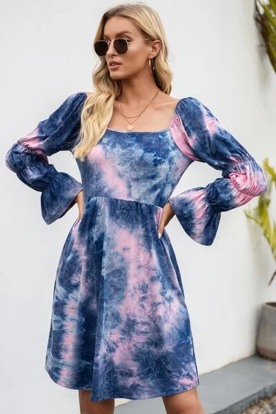 Blue Zone Planet |  Tie-Dye Square Neck Flounce Sleeve Dress Vintage unclassified dresses