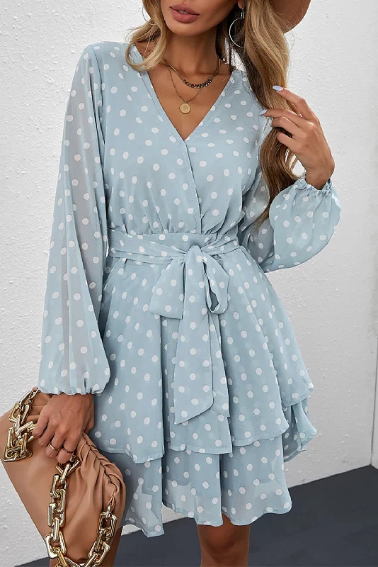 Blue Zone Planet |  Tied Layered Polka Dot Balloon Sleeve Dress Floral unclassified dresses