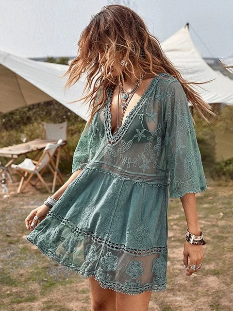 Vacation Dresses  Deep V Neck Boho Beach Outing Sheer Sexy Hot Tunic Swimwear Cover Ups Popular unclassified dresses