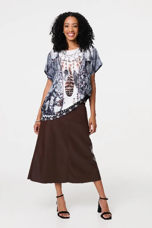 Feather Print Relaxed Short Sleeve Tunic Sexy Leather Skirt