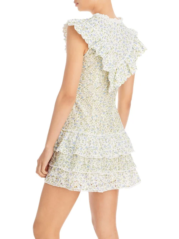 Womens Lace Cascade Ruffle Mini Dress High-waist Denim Skirt