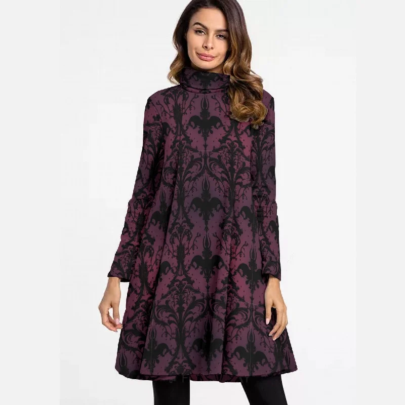 Gothic Purple And Black High Neck Dress With Long Sleeve Cozy Maxi Dress