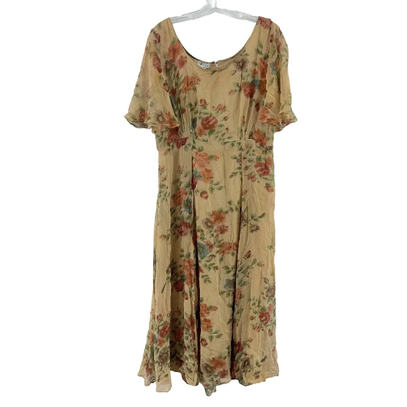 JRT 90s Beige Floral Scoop Neck Maxi Dress Women’s 16 Plus Size Rayon Vintage Ruffle Long Maxi