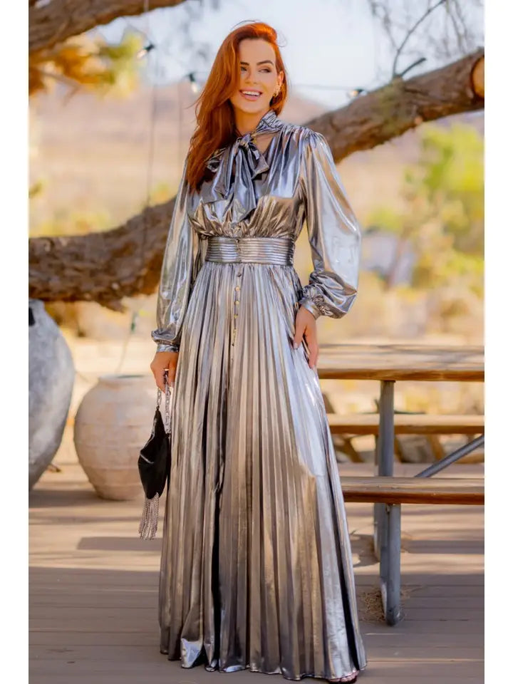 Silver Stunner Metallic Long Sleeve Pleated Maxi Dress Soft Maxi Skirt