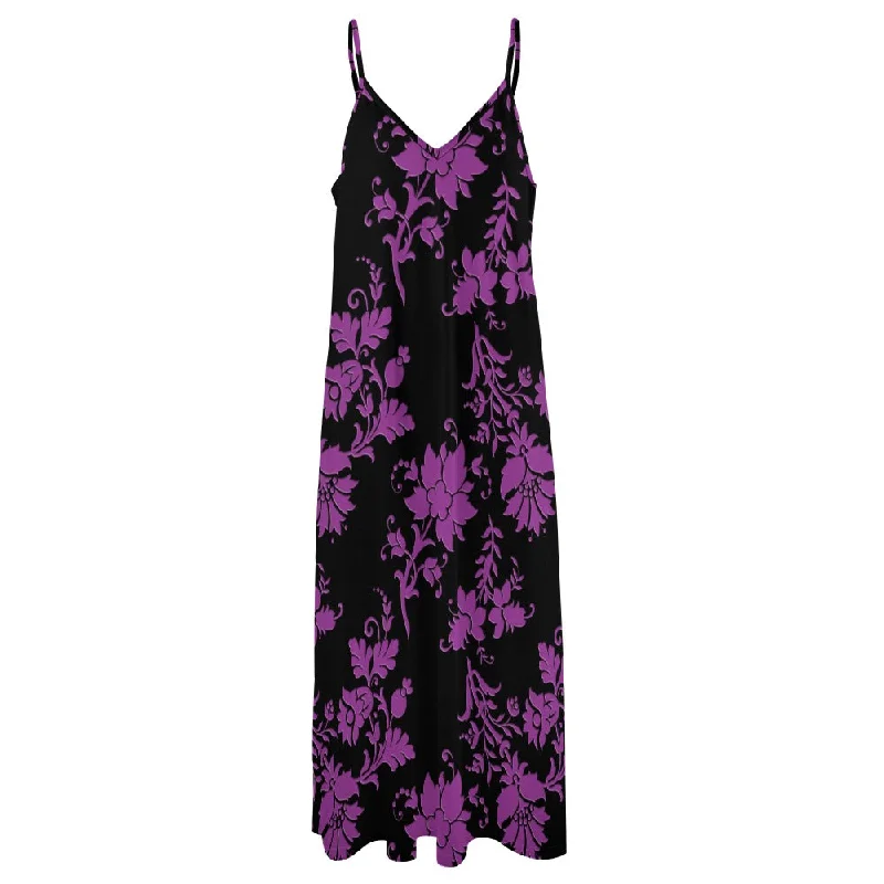 Purple Flowers Sling Ankle Long Dress Maxi Skirt Glam