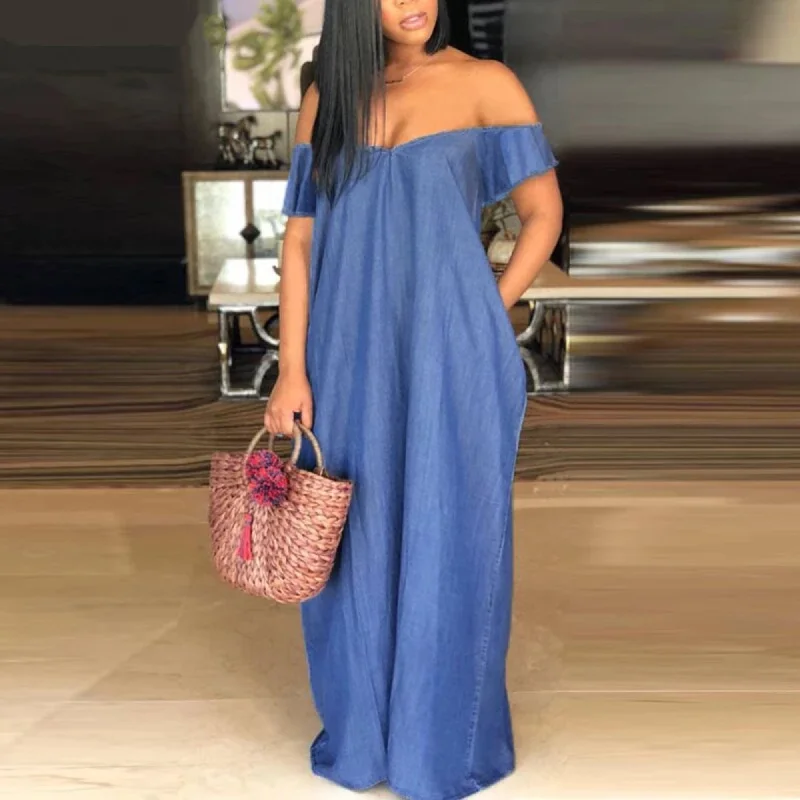 Women's V-Neck Short-Sleeve Denim Long Dress Denim Maxi Skirt