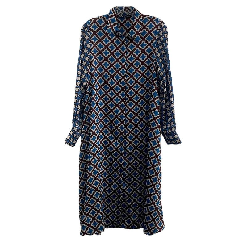 Zara Womens Brown & Blue Abstract Print Long Sleeve Shirt Dress Medium Polyester Knit Maxi Skirt