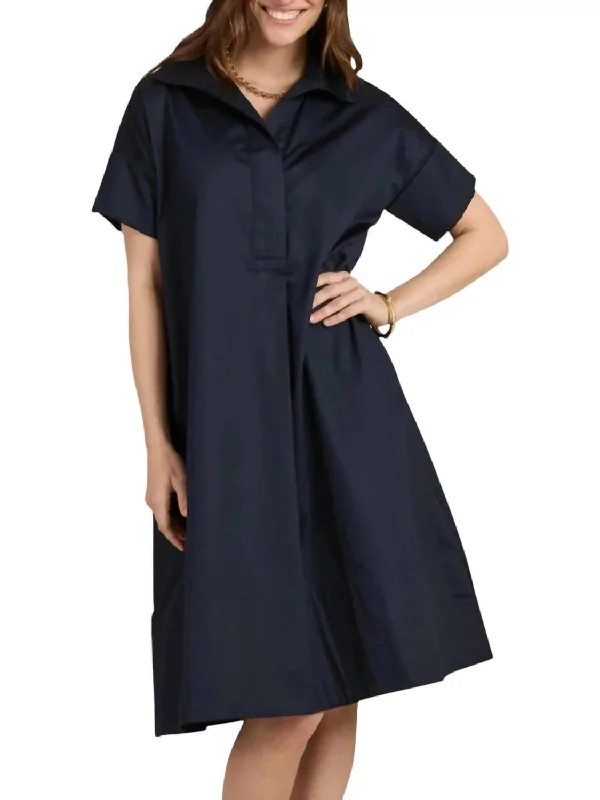 Addie Midi Shirt Dress In Navy Wool Midi Skirt