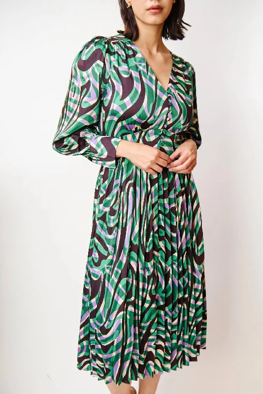 Celya Midi Dress In Green/purple Print Pleated Satin Skirt