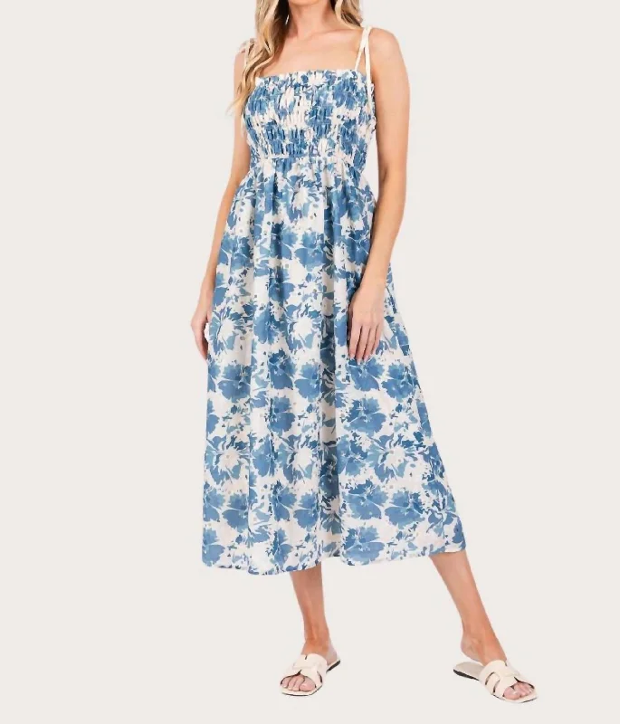 Floral Print Midi Sundress In Blue Knit Midi Skirt