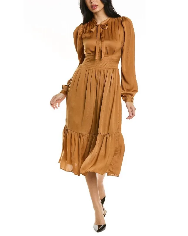 Obi Tie Front Midi Dress In Caramel Warm Midi Skirt