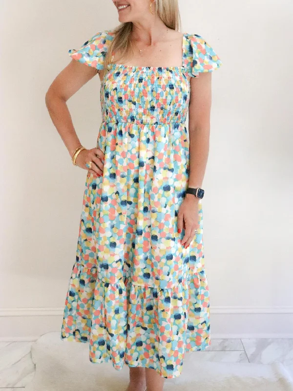 Polka Dot Smocked Midi Dress In Multi Ruffled Skirt Midi