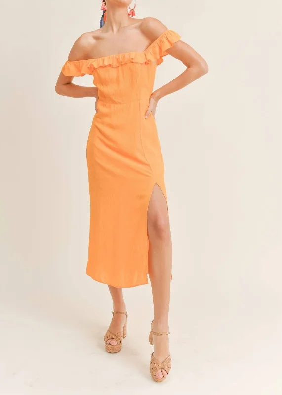 Tropicana Off The Shoulder Midi Dress In Orange Midi Skirt Blouse