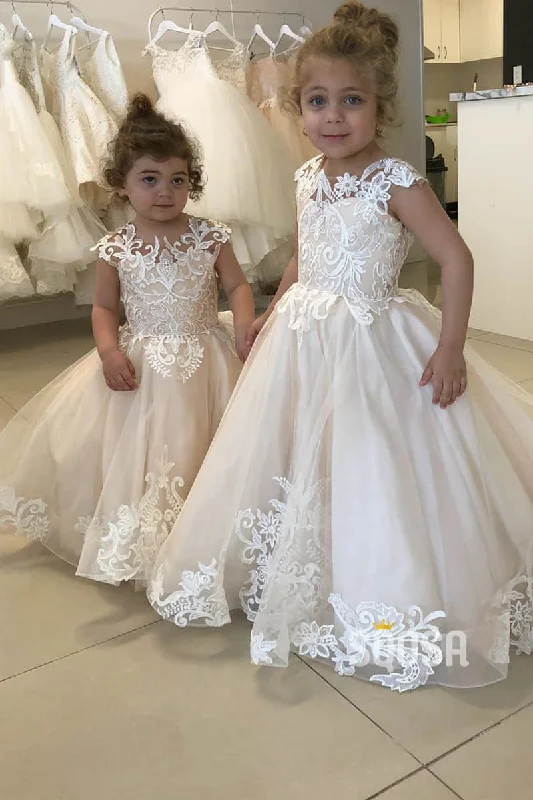 Cap Sleeves Lace Appliques Ball Gown Cute Flower Girl Dress QF0825 Simple Lace Dress