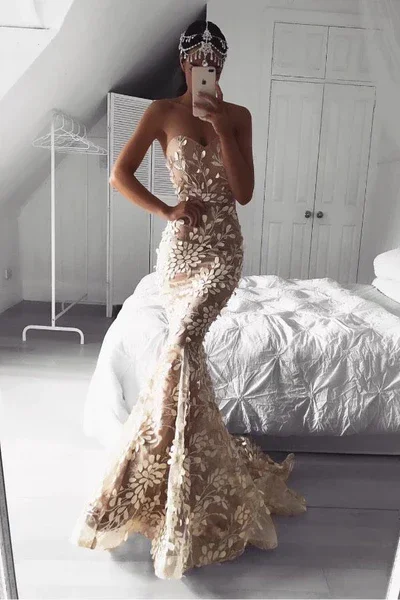 Sweetheart Lace Appliques Mermaid Long Prom Dress,DP1454 Sleeveless Lace Dress