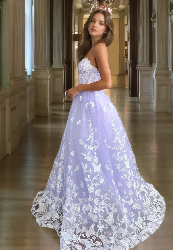 Sweetheart Off-Shoulder Lace A-Line Prom Dress Sleeveless Applique Formal Dinner Gowns with Train Lace Mini Dress