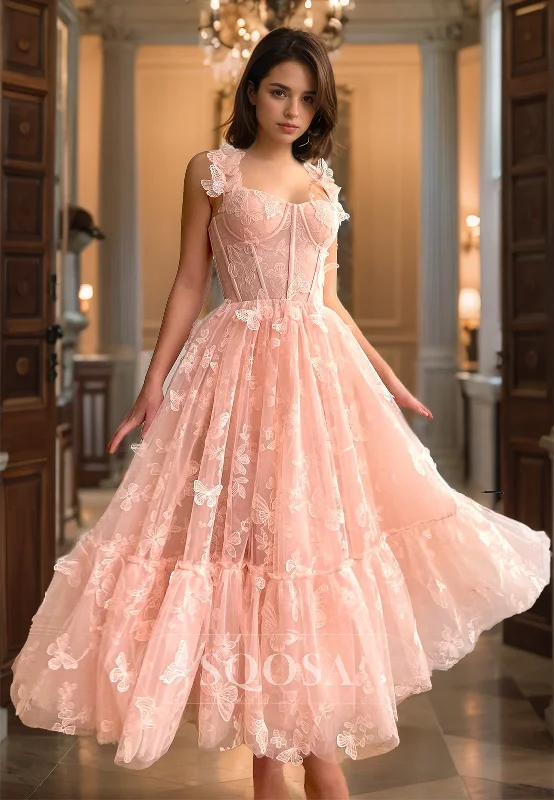 Spaghetti Straps Sweetheart Sleeeless A-Line Prom Dress Allover Lace Butterfly Applique Evening Gowns Lace Dress Trend