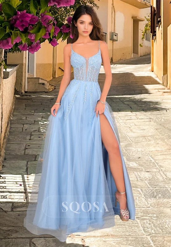 Spaghetti Straps Scoop-Neck Pleated Evening Gowns Sleeveless Lace Applique A-Line Prom Dress Casual Lace Dress