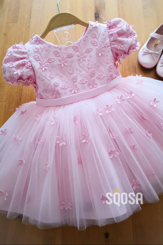 A-line Short Sleeves Lace Pink Flower Girl Dress Cute First Communion Dress QF1018 Lace Skater Dress