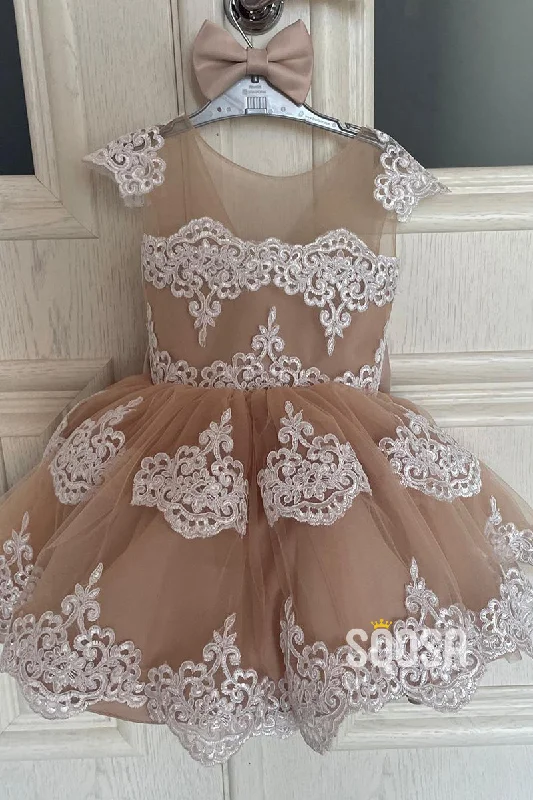 A-line Scoop Lace Appliques Champagne Flower Girl Dress First Commuinon Dress QF1023 Lace Dress Casual