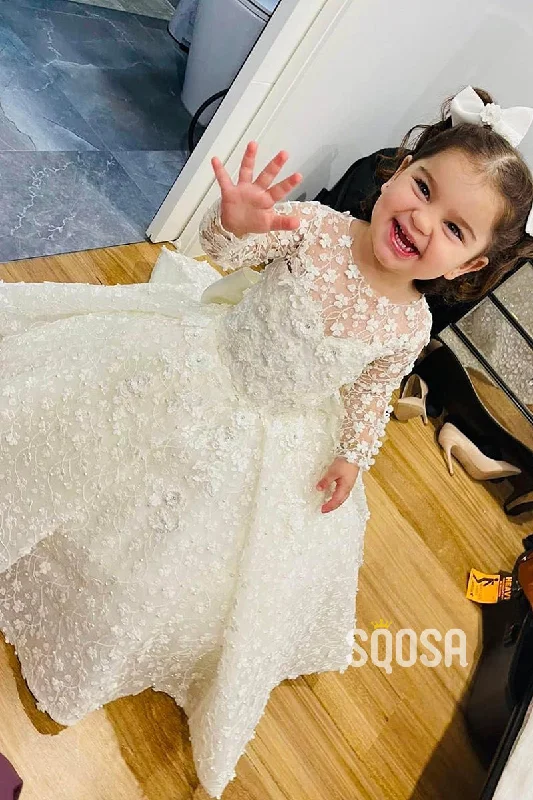 Ball Gown Scoop Long Sleeves Lace Flower Girl Dress Cute First Communion Dress QF1025 Lace Detail Dress