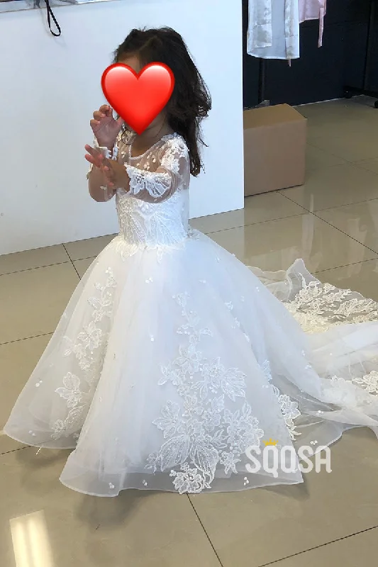 A-line Scoop Lace Appliques Long Sleeves Cute Flower Girl Dress First Communion Dress QF1028 Boho Lace Dress