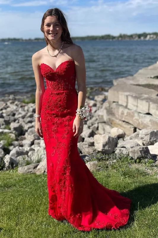 Red Sweetheart Lace Appliques Mermaid Long Prom Dress,DP1369 Lace Skater Dress